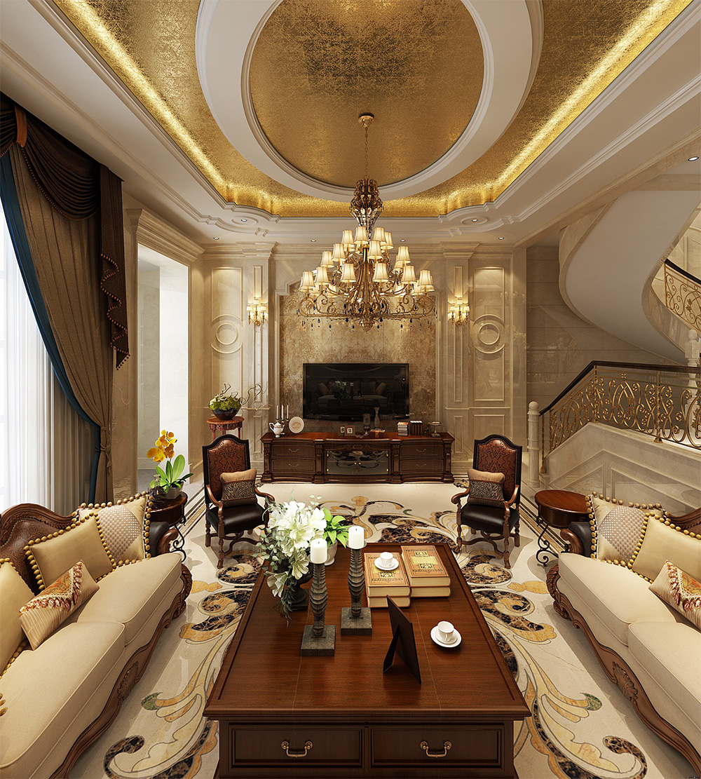 装修案例经典美式风格别墅装修效果图-客厅全景 装修案例经典美式风格别墅装修效果图-客厅全景