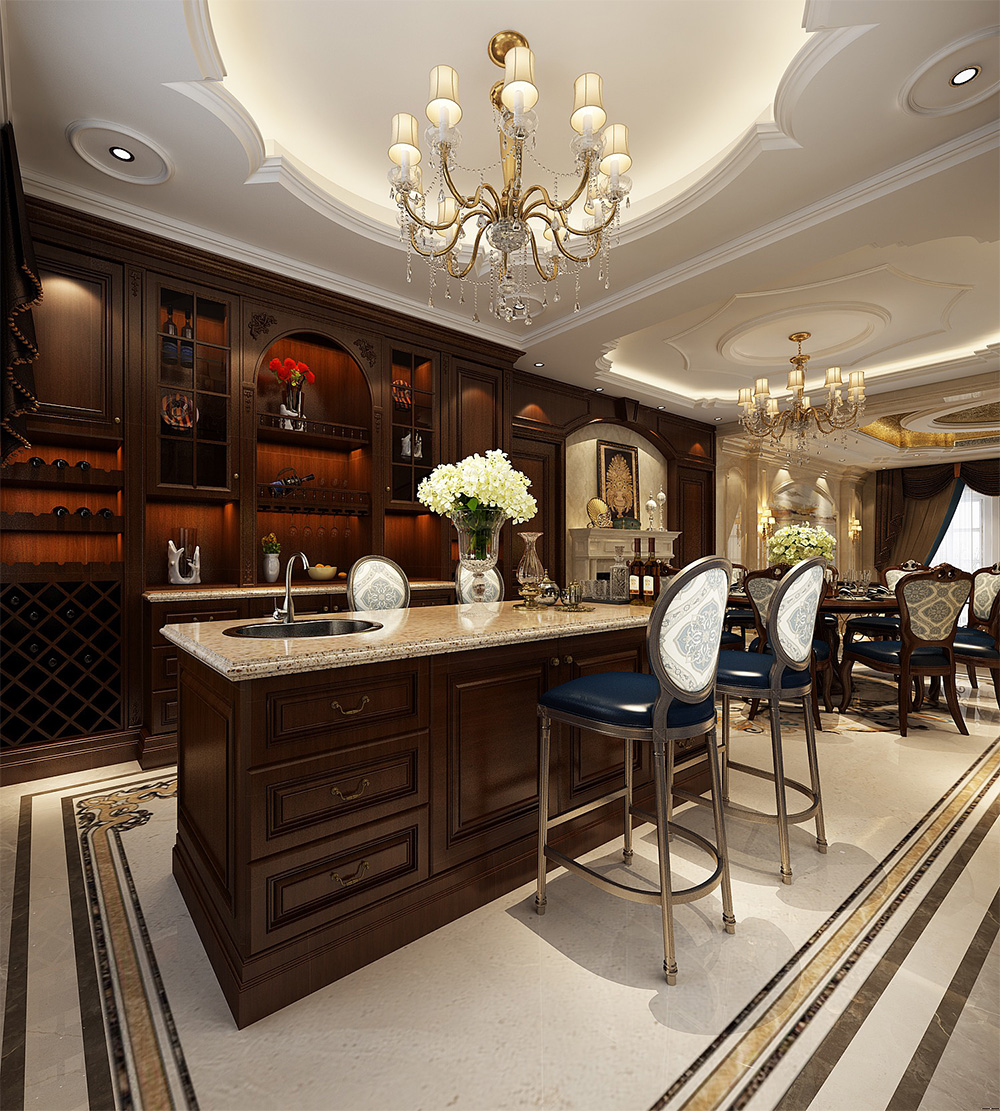 装修案例经典美式风格别墅装修效果图-餐厅吧台 装修案例经典美式风格别墅装修效果图-餐厅吧台