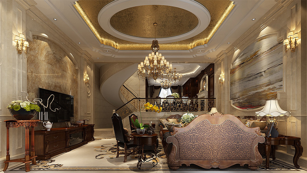 装修案例经典美式风格别墅装修效果图-客厅 装修案例经典美式风格别墅装修效果图-客厅